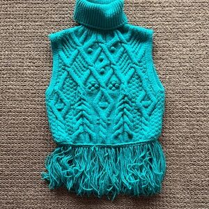Zara Teal Knit Turtleneck Sweater Vest with Fringe
